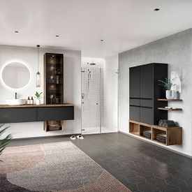 Badezimmer schwarz mit Holz